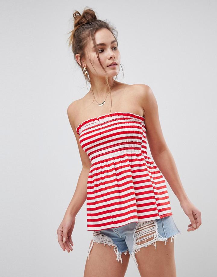 Asos Shirred Cotton Bandeau Top In Red Stripe - Multi