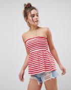 Asos Shirred Cotton Bandeau Top In Red Stripe - Multi