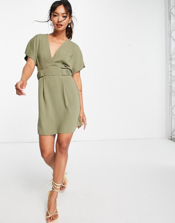 Asos Design V Front Mini Dress With Elasticized Tab In Khaki-green