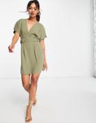 Asos Design V Front Mini Dress With Elasticized Tab In Khaki-green