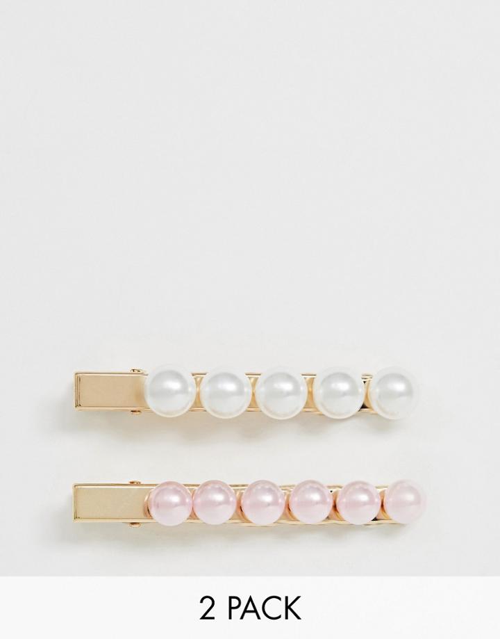 Asos Design Pack Of 2 Hair Clips With Oversized Pearls In Pastel - Multi