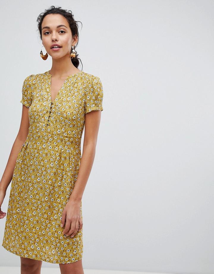Esprit Floral Print Button Front Tea Dress - Yellow