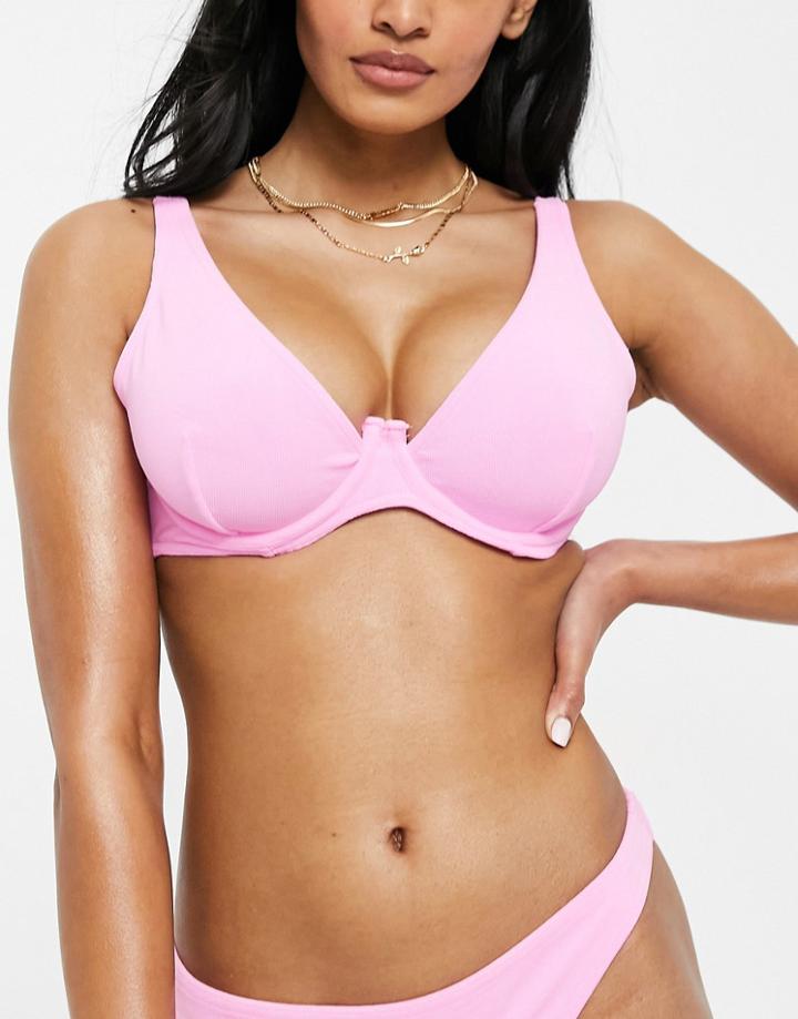 Asos Design Fuller Bust Mix & Match Terry Step Front Underwire Bikini Top In Pink