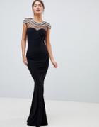 City Goddess Embellished Fishtail Maxi Dress - Black