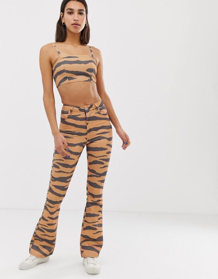 Asos Design Bell Flare Jeans In Tiger Print - Brown