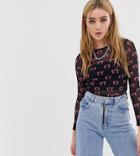 Crooked Tongues Long Sleeve Top In Mesh Logo Print-pink