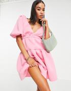 Asos Design Puff Sleeve Plunge Elasticized Smock Mini Skate Dress In Bubblegum-pink