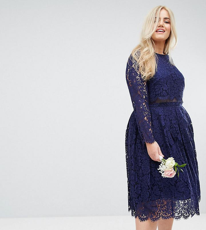 Asos Design Curve Bridesmaid Lace Long Sleeve Midi Prom Dress - Navy