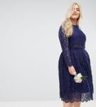 Asos Design Curve Bridesmaid Lace Long Sleeve Midi Prom Dress - Navy