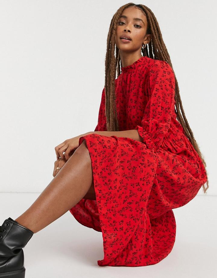 New Look Frill Detail Midi Dress In Red Floral Print