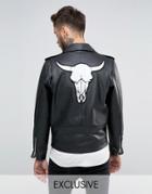 Reclaimed Vintage Leather Biker Jacket With Ram Skull Back Patch - Black