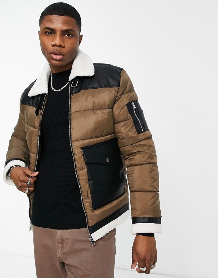 Jack & Jones Originals Puffer Jacket With Aviator Collar In Brown
