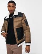 Jack & Jones Originals Puffer Jacket With Aviator Collar In Brown