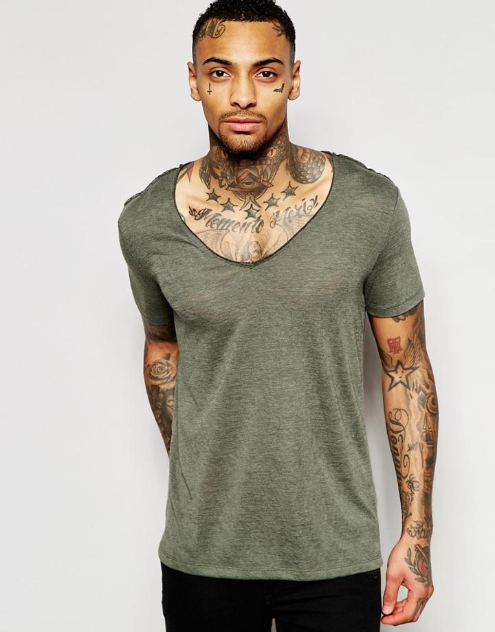 Asos T-shirt With Deep V Neck In Linen Look Fabric In Green - Green