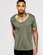 Asos T-shirt With Deep V Neck In Linen Look Fabric In Green - Green