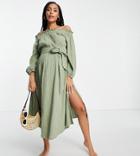 Asos Design Maternity Off Shoulder Super Crinkle Beach Maxi Dress In Khaki-green