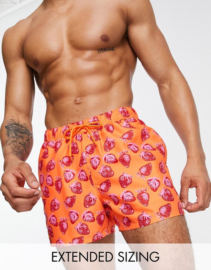 Asos Design Swim Shorts With Strawberry Print Short Length-orange
