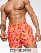 Asos Design Swim Shorts With Strawberry Print Short Length-orange