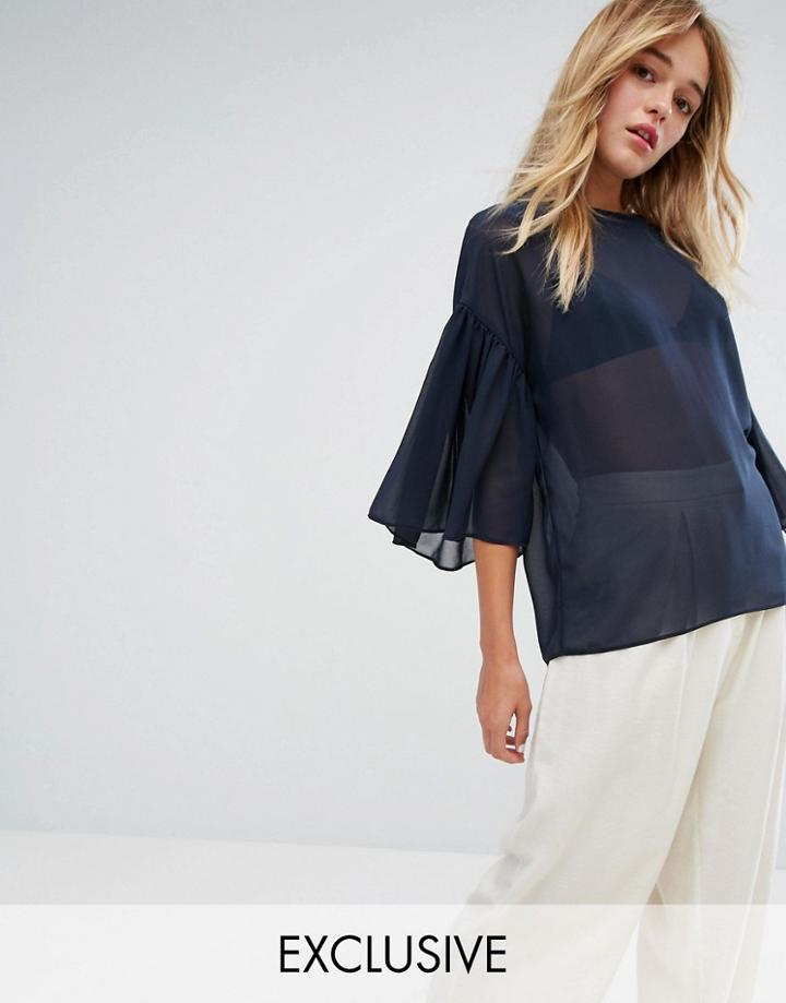 Monki Frill Sleeve Blouse - Blue