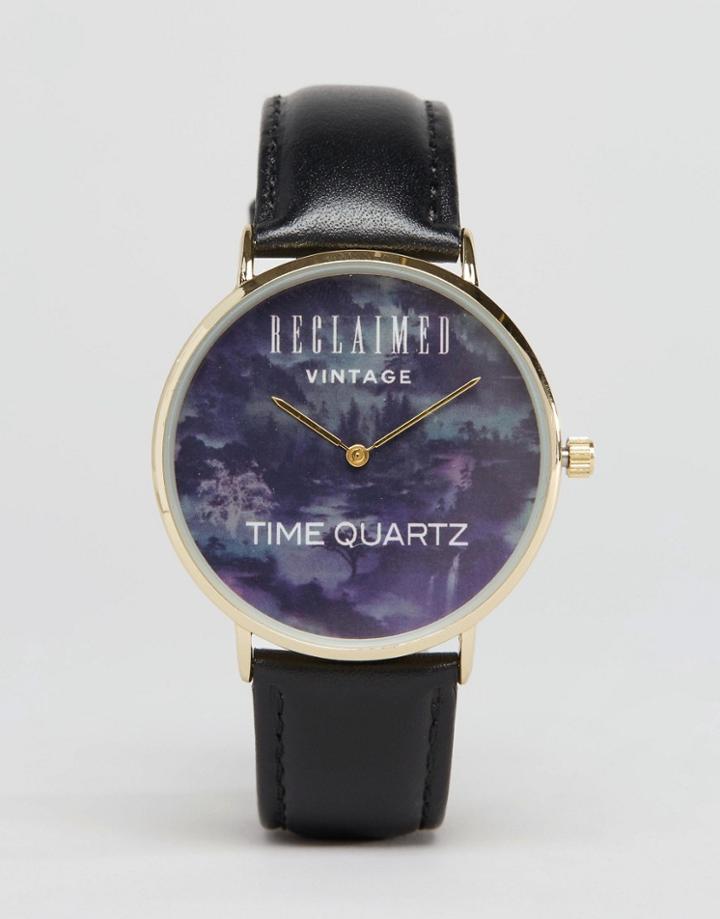 Reclaimed Vintage Landscape Print Watch In Leather - Black