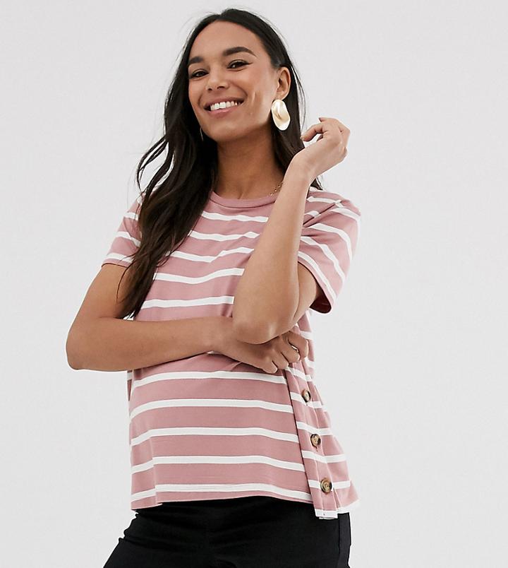 Asos Design Maternity Nursing T-shirt With Button Sides In Pink Stripe-multi
