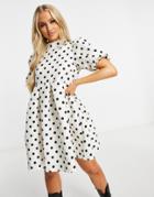 Missguided Dress With Puff Sleeves In Cream Jacquard Spot-white