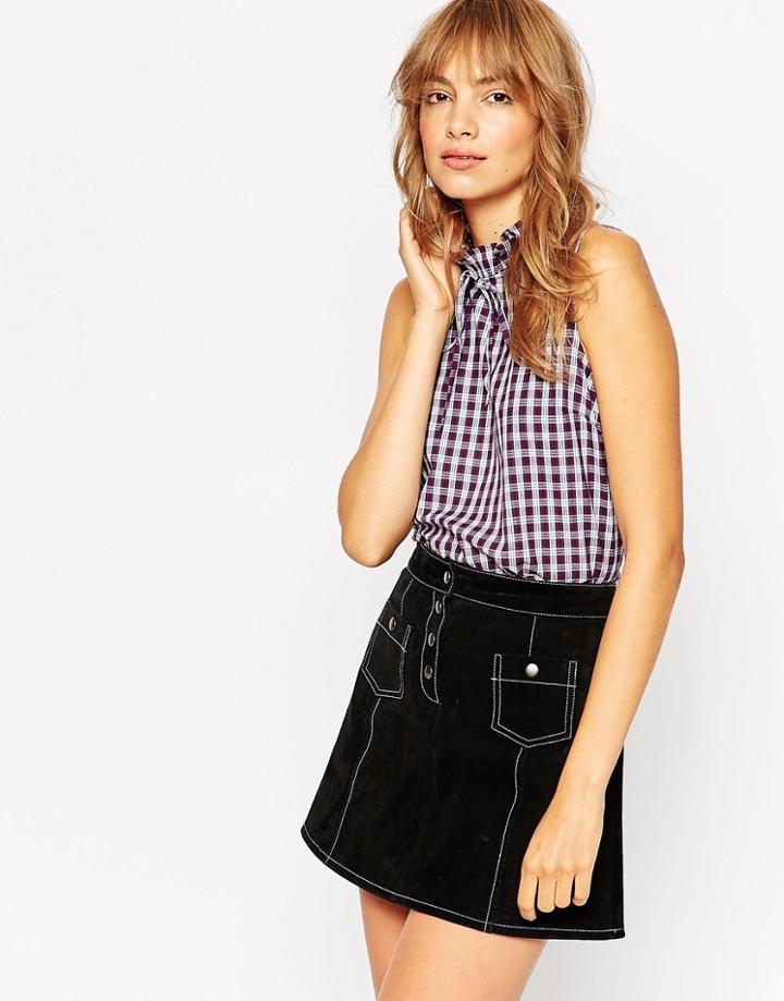 Asos Sleeveless Check Frill High Neck Top - Multi