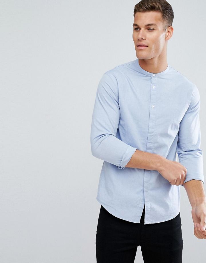 Kiomi Longline Shirt With Grandad Collar In Light Blue - Blue