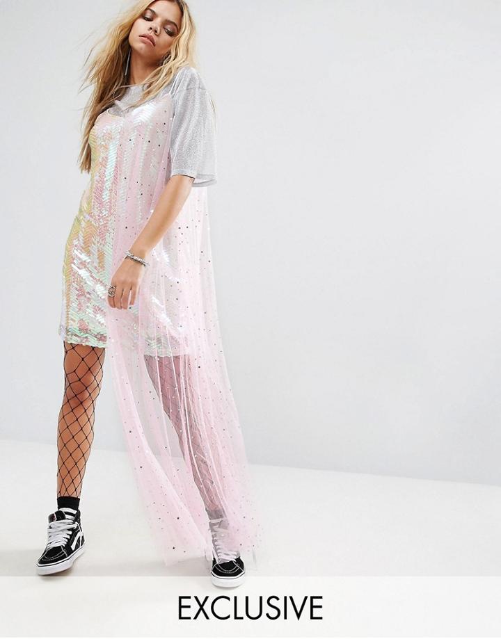 Mad But Magic Cami Dress In Sequin With Sparkle Mesh Layer - Multi