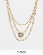 Asos Design Pack Of 3 Necklaces With Molten Disc And Bar Pendants In Gold Tone - Gold