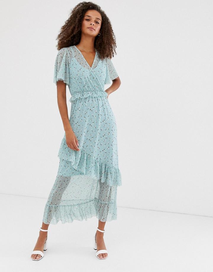 New Look Mesh Frill Dress In Blue Pattern