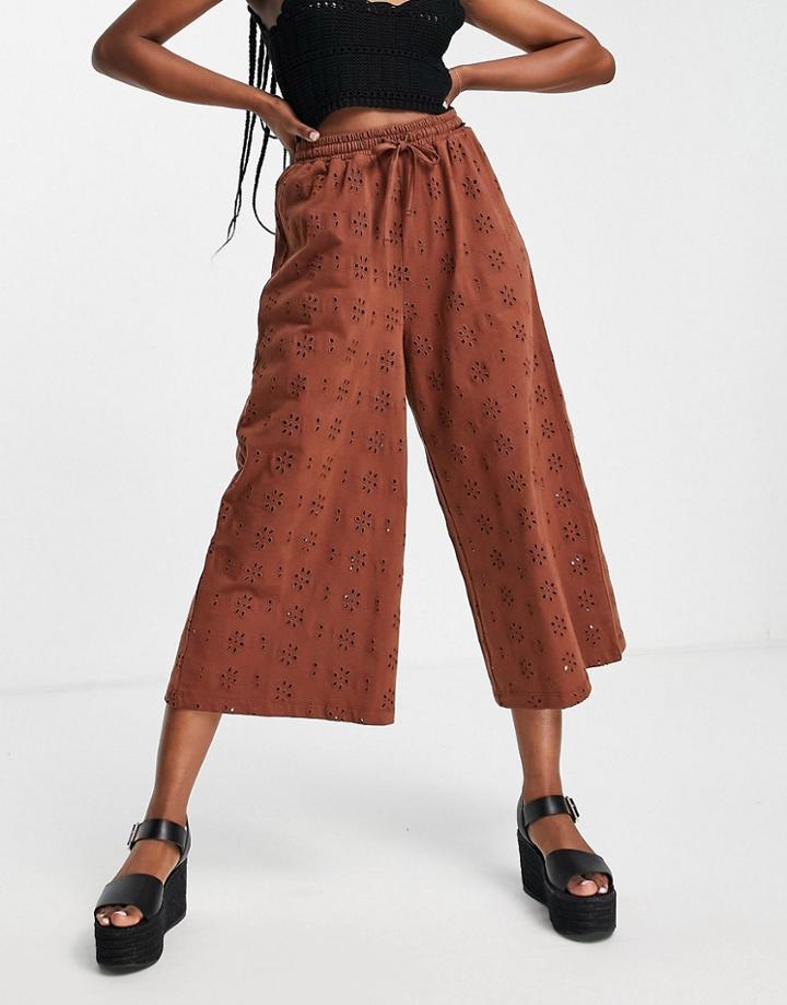 Asos Design Broderie Culotte Pants In Brown