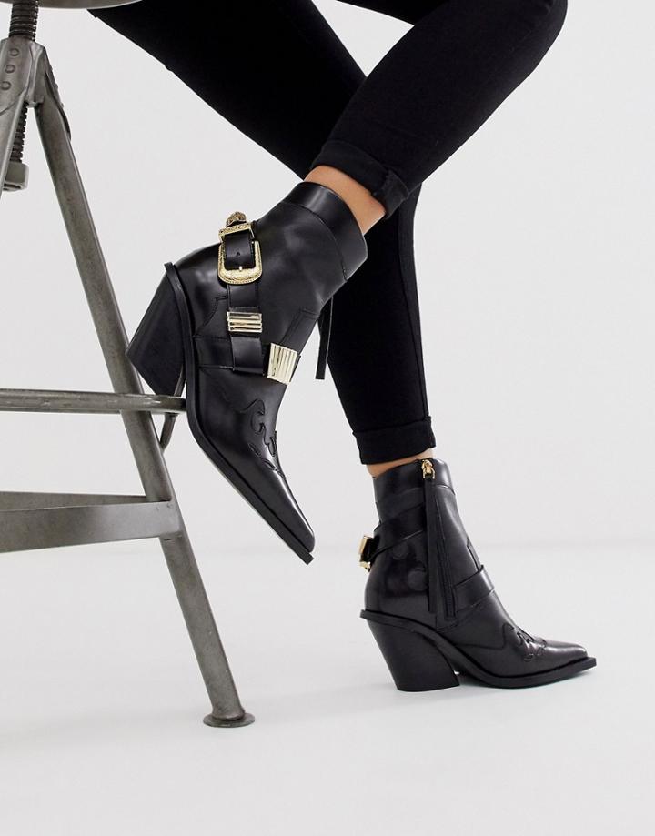 Asos Design Reckless Premium Leather Western Boots In Black Leather