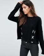 Liquorish Sweater With Front Lacing Detail - Black