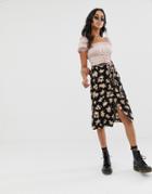 Motel Midi Skirt With Thigh Split In Floral - Black