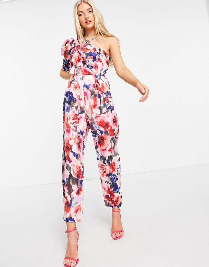 Asos Design One Shoulder Puff Sleeve Jumpsuit In Floral-multi