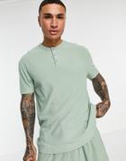Asos Design Relaxed Heavyweight Ribbed T-shirt With Half Sleeves In Washed Green - Part Of A Set