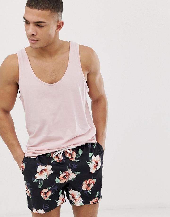 Abercrombie & Fitch 5 Inch Floral Print Swim Shorts In Black - Black