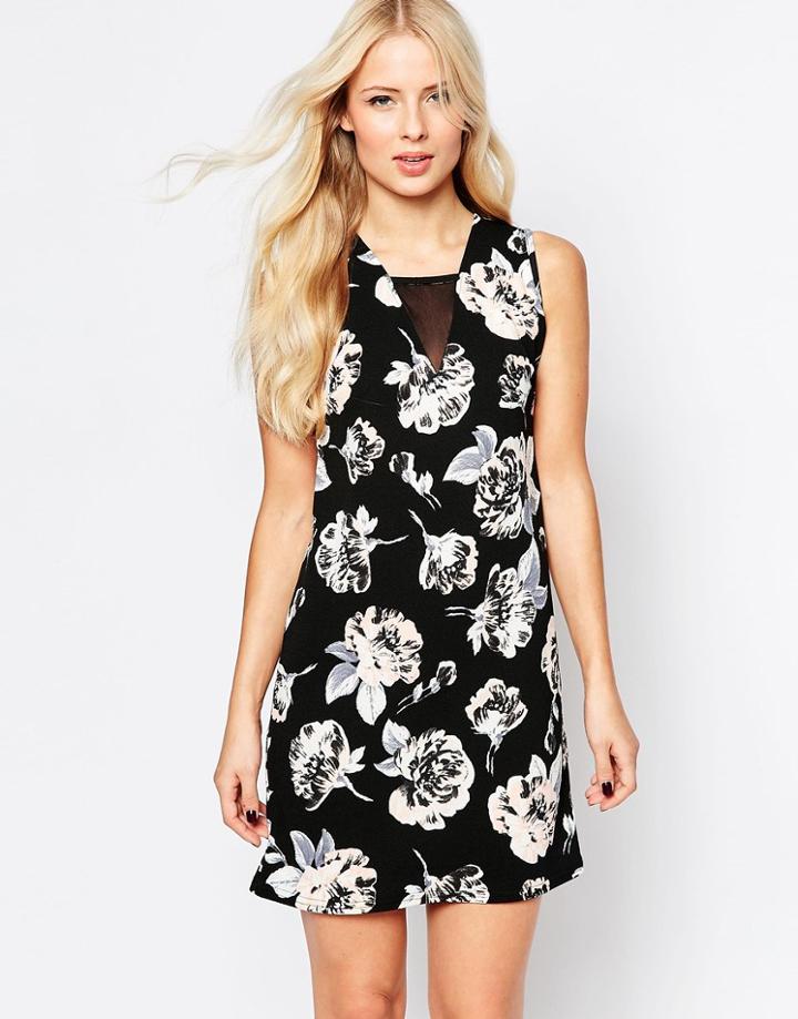 Daisy Street Shift Dress With Mesh Insert In Flower Print - Black Floral