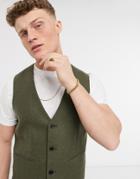 Asos Design Skinny Wool Mix Suit Vest In Khaki Twill-green