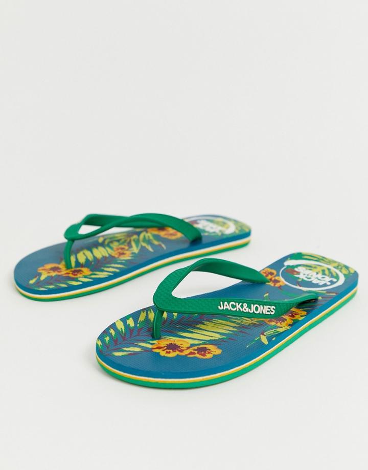 Jack & Jones Flip Flops With Printed Floral Sole - Blue