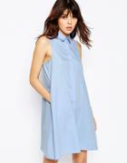 Asos Sleeveless Shirt Dress In Cotton - Blue
