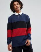 Asos Longline Long Sleeve Rugby Polo Shirt With Color Block In Heavyweight Jersey - Navy