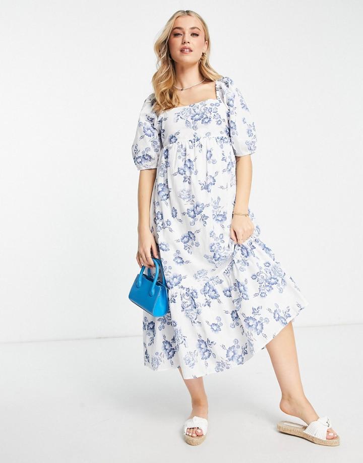 New Look Square Neck Tiered Midi Dress With Tie Back In White And Blue Floral