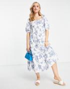 New Look Square Neck Tiered Midi Dress With Tie Back In White And Blue Floral