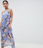 Asos Design Petite Floral One Shoulder Slinky Drape Front Maxi Dress - Multi