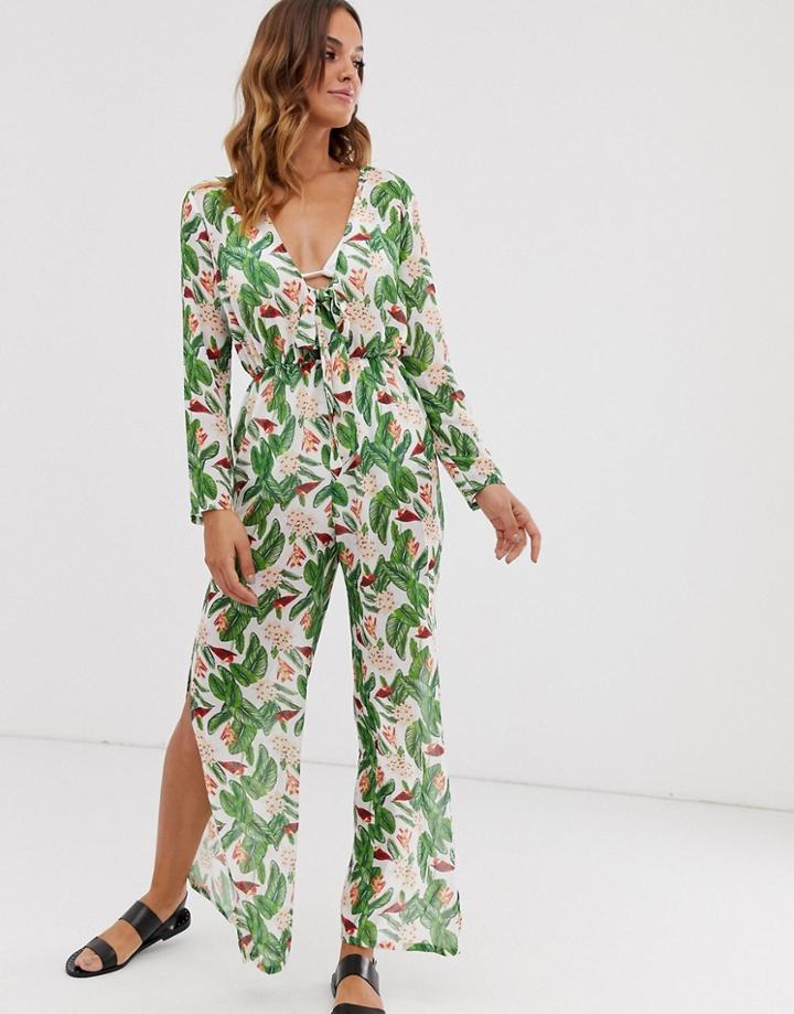 Unique21 Tropical Floral Print Tie Front Jumpsuit-green