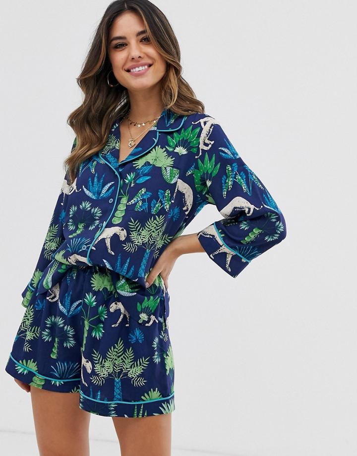 Asos Design Botanical Leopard Pyjama Short Set In 100% Modal - Multi