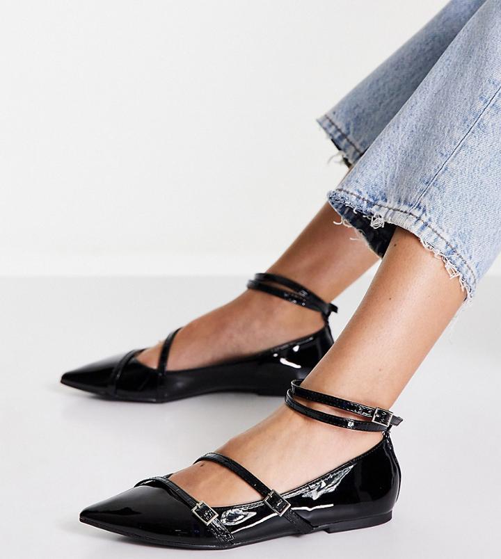 Asos Design Wide Fit Ludo Strappy Patternwork Pointed Ballet Flats In Black Patent