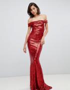 City Goddess Bardot Sequin Maxi Dress With Bow Detail - Red